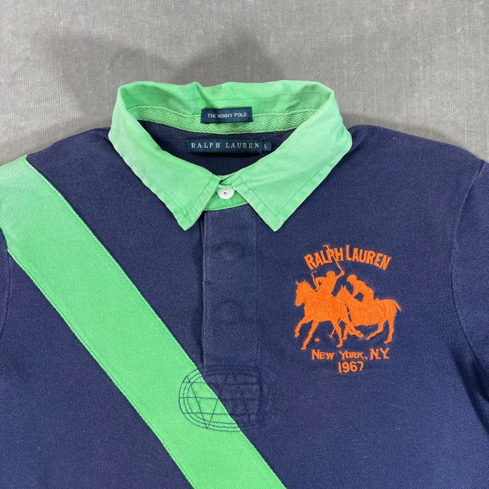 Ralph Lauren Kids Large The Skinny Navy Green Stripe‎ Polo Shirt